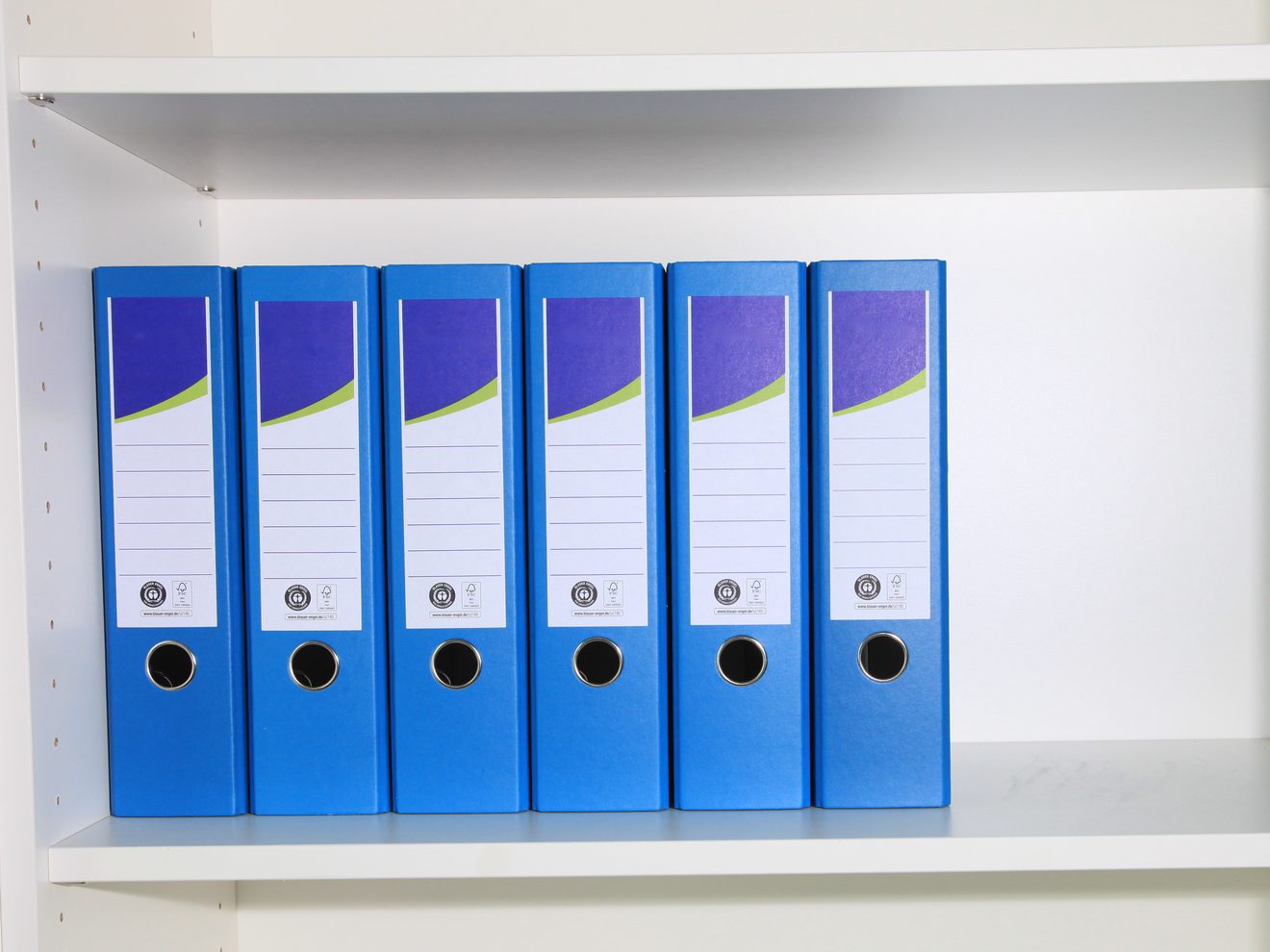 Blaue Aktenordner in einem weißen Büroschrank